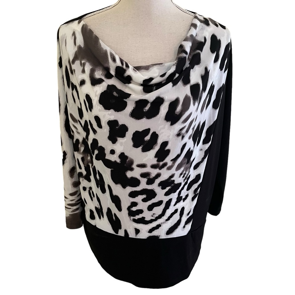 Chico's Black/Cream Animal Print Colorblock Draped Neck Jersey Knit Top